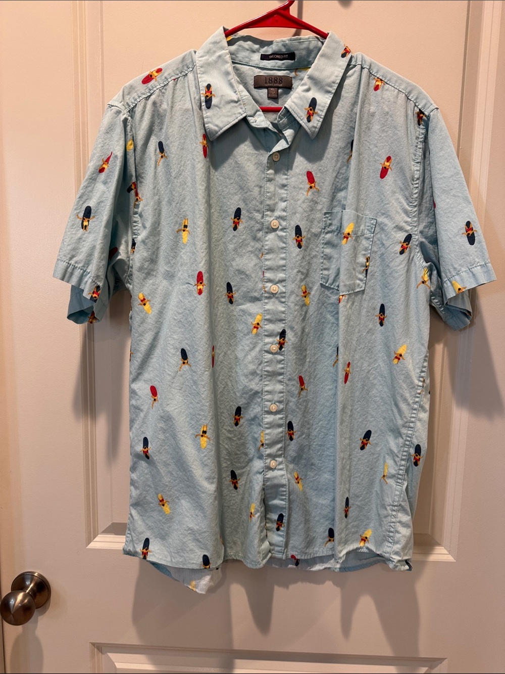 Saddlebred Light Blue Short-Sleeve Surfboard Print Button Shirt